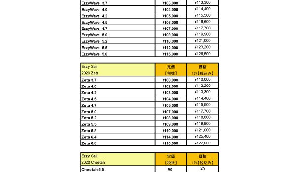 2020 Ezzy Sail 価格表
