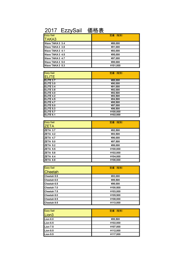 2017 Ezzy Sail 価格表